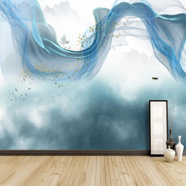 Fonds d'écran Personnalisé 3D Mural Style Oriental Papier Peint Abstrait Bleu Fumée Papier Peint Pour Salon Amélioration De L'habitat Peinture Fresque