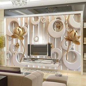 Fonds d'écran Personnalisé 3D Mural Stéréoscopique Golden Lotus Ring Cycle Moderne Luxe Creative Auto-Adhésif Papier Peint TV Toile de Fond Étanche