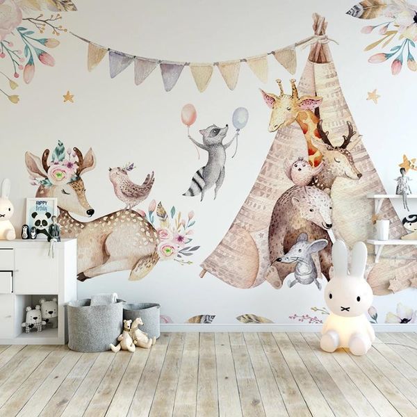 Fonds d'écran Personnalisé 3D Papier Peint Mural Dessin Animé Animal Elk Girafe Enfants Enfants Chambre Chambre Fond Peinture Murale Papiers Décor À La Maison