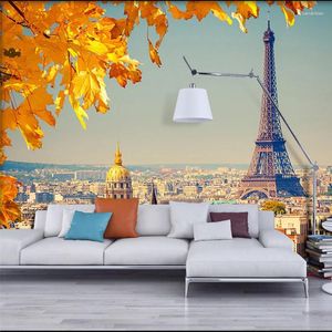 Fonds d'écran personnalisé 3D papier peint mural pour mur paille ville européenne tour Eiffel feuilles jaunes chambre moderne toile de fond décor à la maison