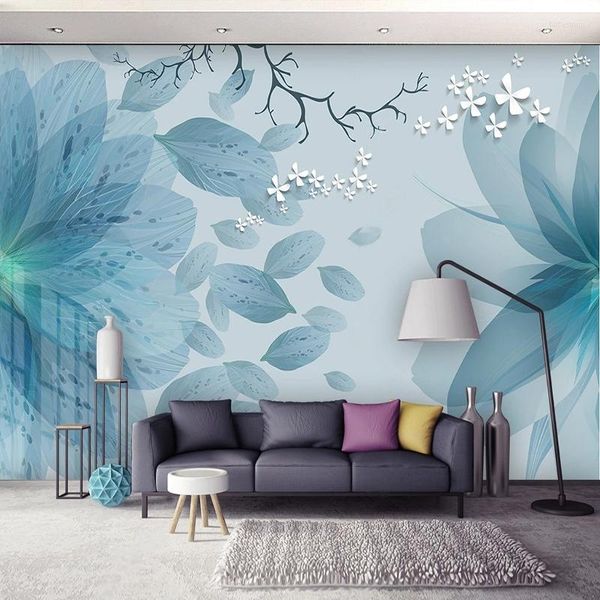 Fondos de pantalla personalizado 3D Mural Wallpaper Modern Simple Blues Flowerfly Sala de estar TV Papel de pared Papel de Parede Decoración del hogar