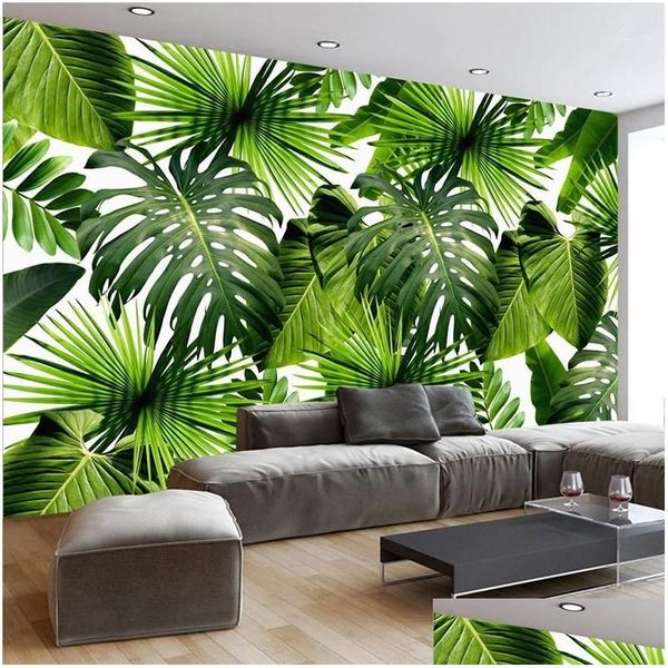 Fonds d'écran Personnalisé 3D Papier Peint Mural Forêt Tropicale Tropicale Feuilles De Bananier Po Peintures Murales Salon Restaurant Café Toile De Fond Papier Peint Mura Dhgwq