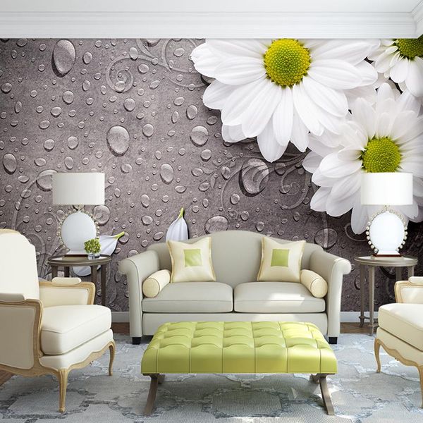 Fonds d'écran personnalisé 3D papier peint mural gouttelettes d'eau blanche fleur salon TV fond décoratif mur tissu pour murs rouleau