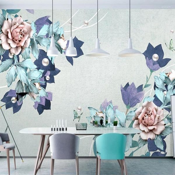 Fonds d'écran Personnalisé 3D Po Européenne Bijoux Perle Bleu Fleurs Murale Non-tissé Paille Texture Papier Peint Chambre Salon TV Toile de Fond Mur