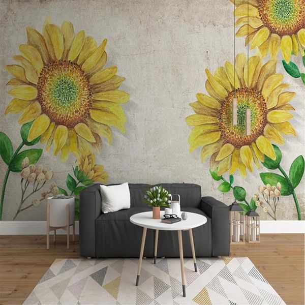 Fondos de pantalla personalizados 3D PO pintado a mano retro amarillo girasoles mural papel tapiz para niños dormitorio sala de estar TV sofá telón de fondo papel de pared