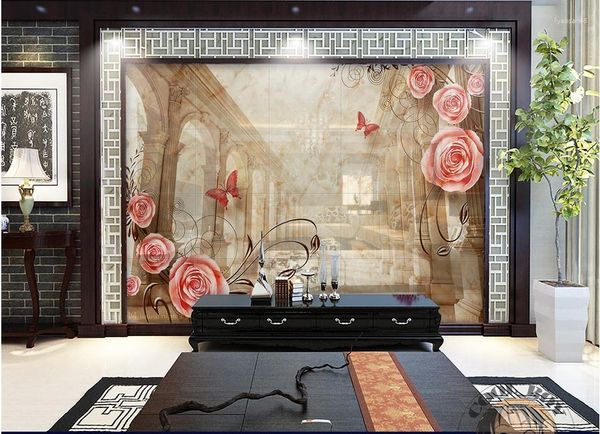 Papeles pintados personalizados 3d Po Mural papel pintado Rosa flor TV telón de fondo no tejido para sala de estar dormitorio papeles tapiz decoración del hogar