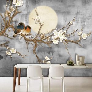 Wallpapers custom 3d po retro chinese stijl handgeschilderde maan bloemen vogels muur muurschilderingen slaapkamer woonkamer decor behang fresco