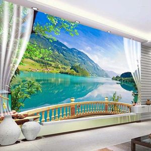 Fonds d'écran Personnalisé 3D Po Fond d'écran Balcon Fenêtre Bleu Ciel Blanc Nuages Lac Forêt Paysage Salon Canapé TV Toile de Fond Murale Papier Peint