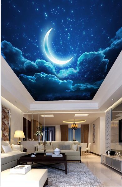 Fonds d'écran Personnalisé 3D Po Papier Peint Plafonds Nuit Ciel Croissant De Lune Étoilé Salon Chambre Plafond Mural