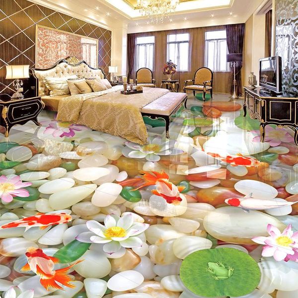 Papier peint personnalisé 3D Po papier peint sol créatif galets Lotus carpe chambre salle de bain papier peint auto-adhésif antidérapant