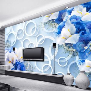 Fondos de pantalla Custom 3D Po Wallpaper Murales Círculos estereoscópicos Flor azul Diseños de arte moderno Sala de estar TV Fondo Revestimiento de paredes