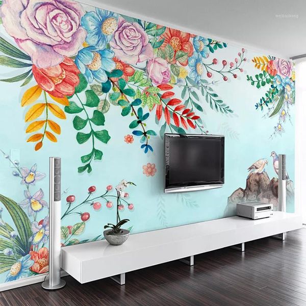 Fondos de pantalla Custom 3D Po Wallpaper impermeable lienzo tela flor pájaro pared mural papel de parede sala de estar TV fondo art1