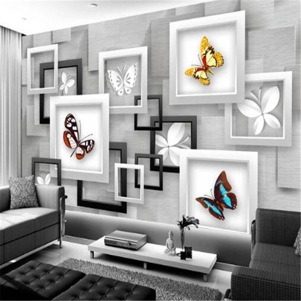 Fonds d'écran Personnalisé 3D Stéréoscopique Papillon Po Peintures Murales Argent Gris Boîte Papiers Pour Salon Décor À La Maison
