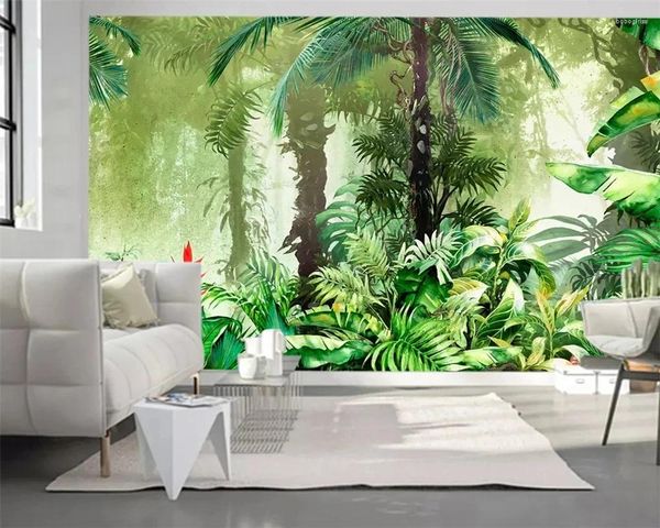 Fondos de pantalla personalizados 3D selva tropical hojas verdes pintado a mano planta animal pared mural tapiz decoración del hogar papel tapiz autoadhesivo