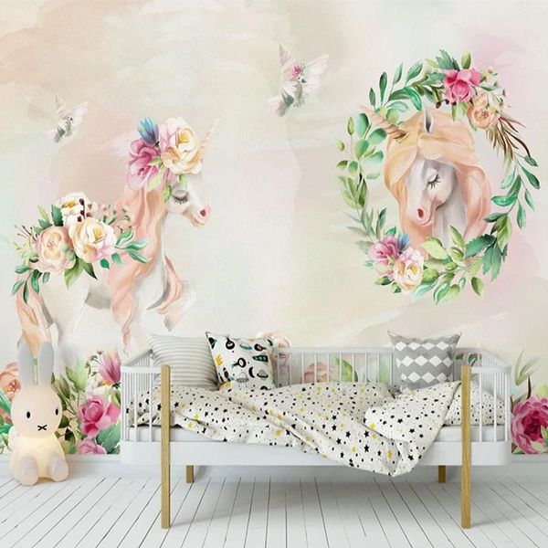 Fondos de pantalla Personalizado 3D Mural de pared Nórdico Pintado a mano Lindo Caballo Po Wallpaper Dormitorio de los niños Fondo Pintura Papel de Parede