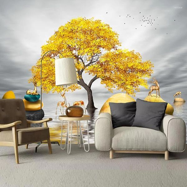 Papeles pintados personalizados 3D murales de pared papel tapiz dorado árbol grande alce decoración pintura moderna estudio creativo sala de estar sofá dormitorio Po Mural