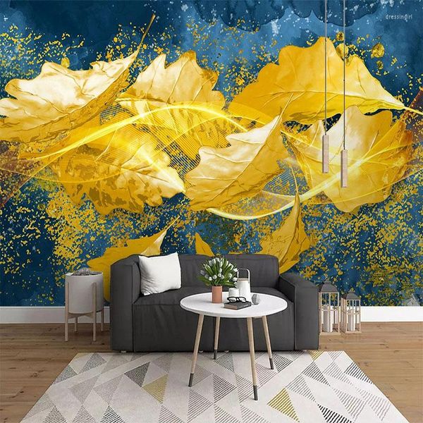 Fondos de pantalla Personalizado 3D Papel de pared Hojas doradas Pintura al óleo Arte moderno Mural Papel tapiz Sala de estar TV Sofá Telón de fondo Decoración creativa para el hogar