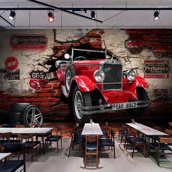 Fonds d'écran personnalisé 3D papier peint rétro rouge voiture Po peintures murales Restaurant café bar KTV salon toile de fond décor Papel De Parede 3 D