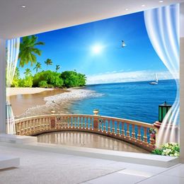 Fonds d'écran Personnalisé 3D Mur Papier Peint Peinture Balcon Fenêtre Vue Sur La Mer Grande Murale Plage Paysage Salon Chambre Papel De Parede Tapety