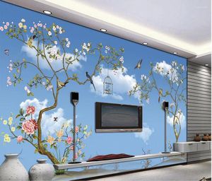 Fonds d'écran Fond d'écran 3D personnalisés ciel bleu et nuages blancs oiseau d'arbre personnalisé pour murs mural