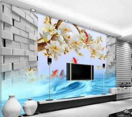 Fonds d'écran personnalisé 3D papier peint coloré magnolia fleur carpe saut dragon porte fond méditerranéen mural