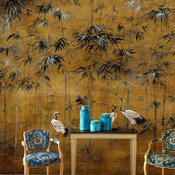 Fonds d'écran personnalisé 3D papier peint mural feuille de bambou grue étude salon de thé chambre canapé fond mur papel de parede décor à la maison