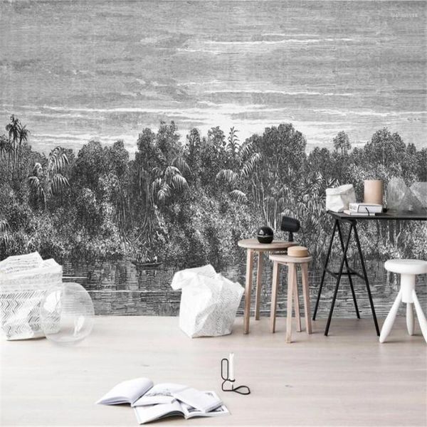 Fonds d'écran personnalisé 3D papier peint mural moderne rétro lignes peintes à la main forêt tropicale jungle illustration fond mur décoration de luxe wallp