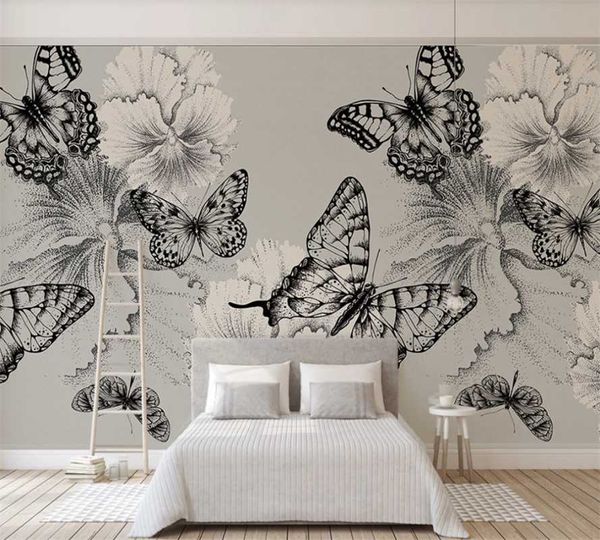 Fondos de pantalla Custom 3D Wallpaper Mural Nordic Small Fresh Pintado a mano Mariposa Flor TV Fondo Pintura de pared