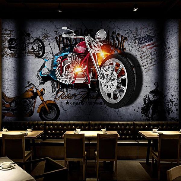 Fondos De Pantalla Personalizados 3D Papel Tapiz Retro Motocicleta Pared Rota Murales De Ladrillo Personalidad Bar KTV Papeles De Fondo Vintage Papel De Parede