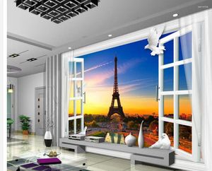 Fonds d'écran Fenêtres de papier peint 3D Custom 3D Fenêtre de la tour Eiffel Fond Murau Mural Po pour les murs