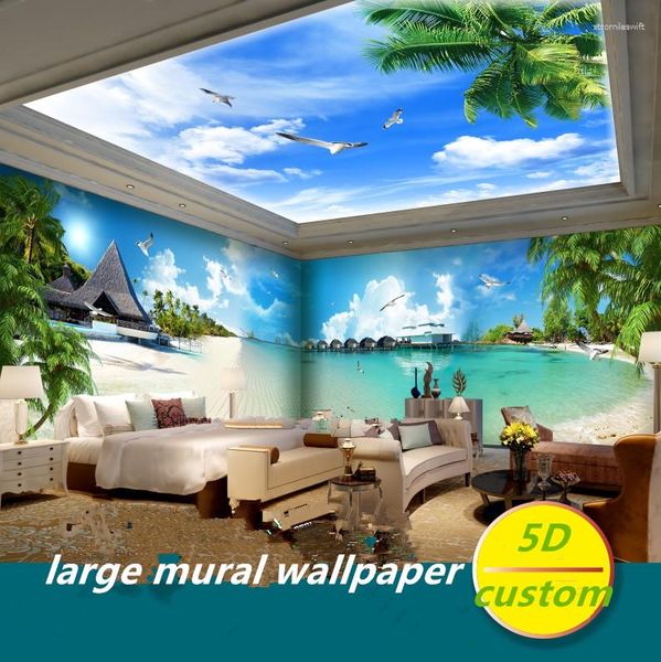 Fonds d'écran personnalisé 5D soie grandes peintures murales papier peint bord de mer paysage marin plage cocotiers paysage naturel méditerranéen dos