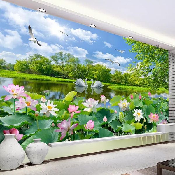 Fondos de pantalla personalizados cualquier tamaño 3D Po papel tapiz tela de pared romántico lago de los cisnes estanque de lotos paisaje gran Mural decoración de la sala de estar