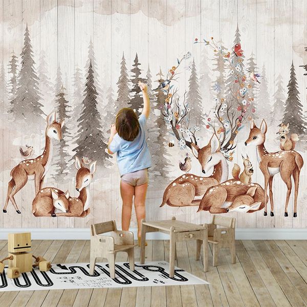 Fondos De Pantalla Personalizados Cualquier Tamaño Papel Mural 3D Pintado A Mano Bosque Vintage Elk Pintura Fondo De Dormitorio Para Niños Papel De Parede 220927