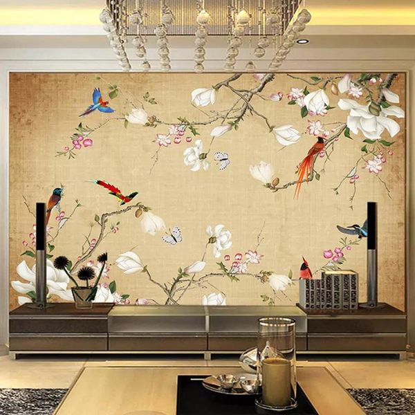 Fondos de pantalla personalizados Cualquier tamaño Mural Papel tapiz 3D Estéreo Flores Pájaros Estilo chino Pintado a mano Po Pintura de pared Sala de estar TV Sofá DecorWall