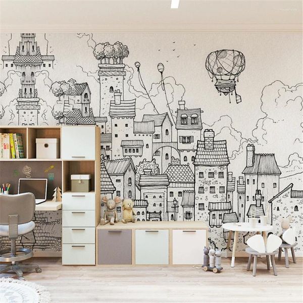 Fonds d'écran personnalisé noir et blanc bâtiment maison dessin animé chambre d'enfants papier peint chambre de fille papier peint mural maternelle