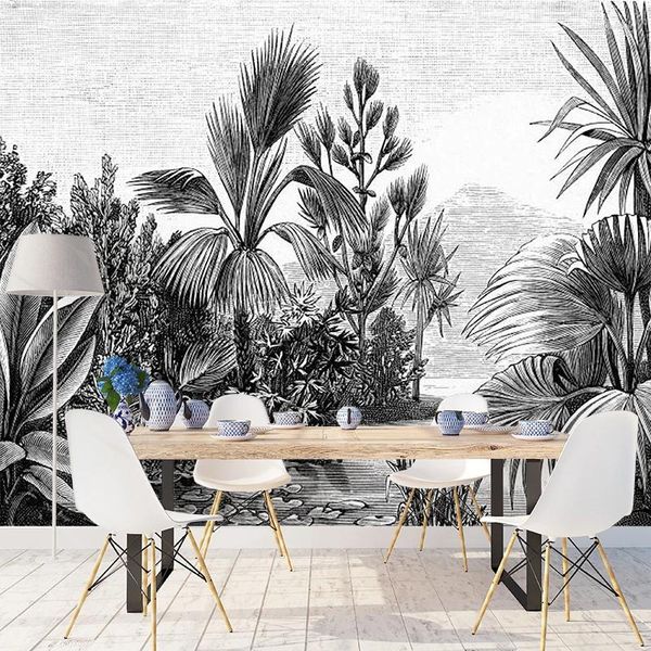 Fonds d'écran personnalisés noirs Banana Leaf 3D papier peint mural toile imprimé tropical de la forêt tropicale