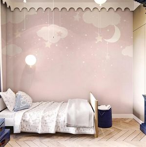 Wallpapers Custom Cartoon Warm Roze Star Cloud Wallpaper Kinderkamer Meisjes Slaapkamer Decoratie Achtergrond Home Improvement 3D Stickers