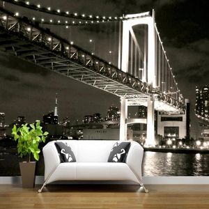 Wallpapers Custom City Night View Bridge Black and White Classic 3d Self Adhesive Wallpaper Living Room Slaapkamer Restaurant Bar Cafe Mural