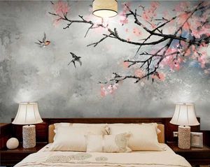 Wallpapers Custom High-End Wallpaper-Cherry Blossom Achtergrond Muur Chinese stijl Handgeschilderde bloemen en vogels