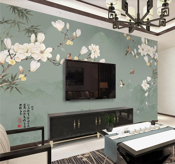 Fonds d'écran personnalisé grand papier peint mural style chinois bambou magnolia oiseau TV fond mur Yashe Orchid