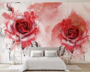 Fondos de pantalla Murales grandes personalizados Moderno Minimalista Flor abstracta Rosa roja Acuarela Fondo pintado a mano Fondo de pantalla autoadhesivo