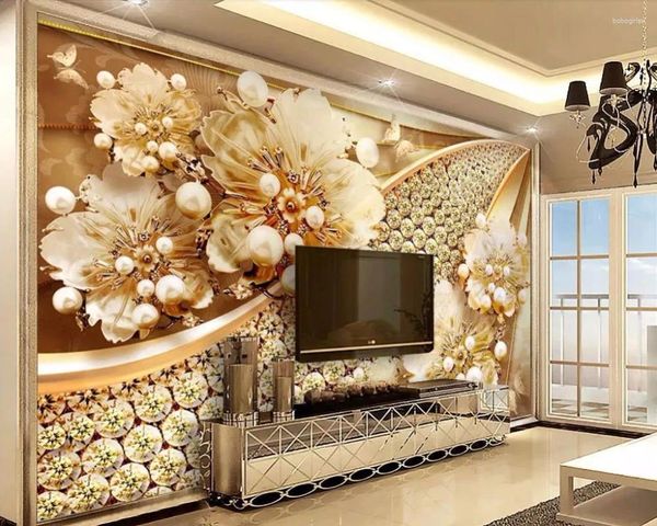 Fonds d'écran personnalisé luxe papier peint décor à la maison bijoux fleur 3D peintures murales salon 3 D pour les murs