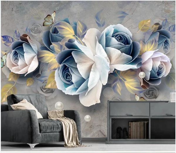 Fondos de pantalla Mural personalizado 3D PO Papel tapiz europeo retro en relieve flor rosa decoración del hogar habitación murales de pared para paredes 3 d