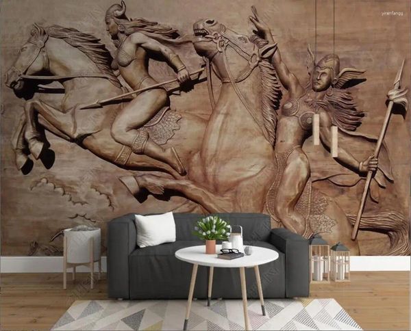 Fonds d'écran personnalisé mural 3D Po papier peint style européen relief guerrier cheval au galop peinture décor à la maison pour salon