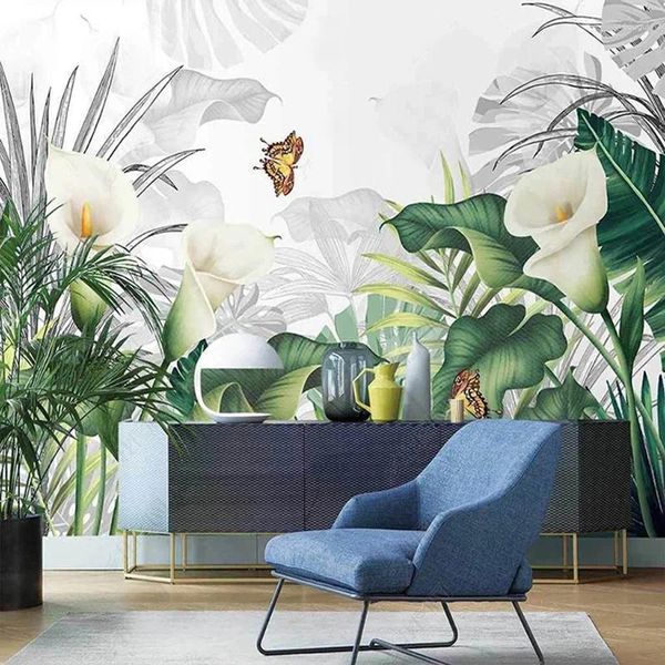 Fondos de pantalla Mural personalizado Papel tapiz 3D Flor blanca moderna Planta tropical Estilo pastoral europeo Póster de pared Sala de estar Dormitorio Decoración para el hogar