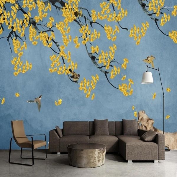 Fondos de pantalla Mural personalizado Estilo chino Pintura al óleo Ginkgo Ramas de árboles Flores Po Sala de estar TV Sofá Fondo Papel tapiz no tejido 3D