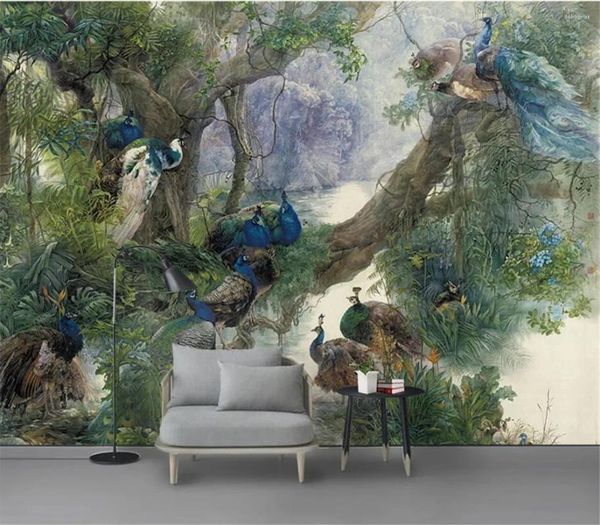 Fonds d'écran personnalisé mural papier peint naturel paysage paon forêt pour salon 3D papier peint amélioration de l'habitat TV fond