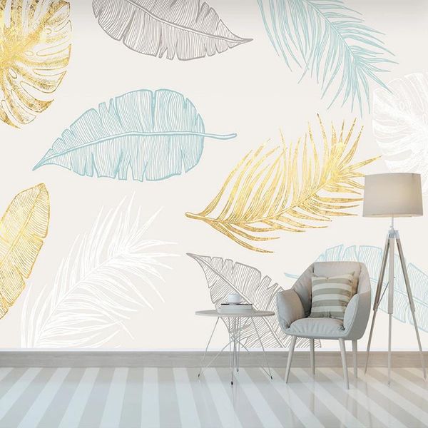 Fonds d'écran Personnalisé Mural Papel De Parede Nordique Peint À La Main Plante Feuilles D'or Chambre Fond Mur Salon Décoration Papier Peint 3D