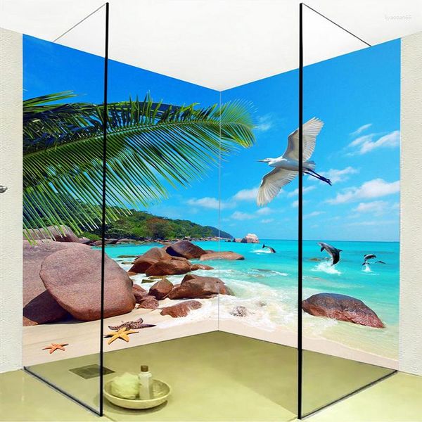 Fonds d'écran Personnalisé Papier Peint Papier Peint 3D Plage Noix De Coco Dauphin Salle De Bains Décoratif Mur Autocollant PVC Étanche Papier Papel De Parede