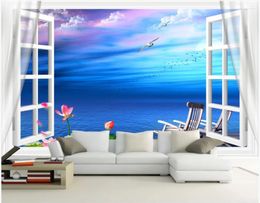 Fondos de pantalla Mural personalizado Papel tapiz 3d Mar azul Playa Tumbona Flor de loto Paisaje Decoración para el hogar Po en la sala de estar